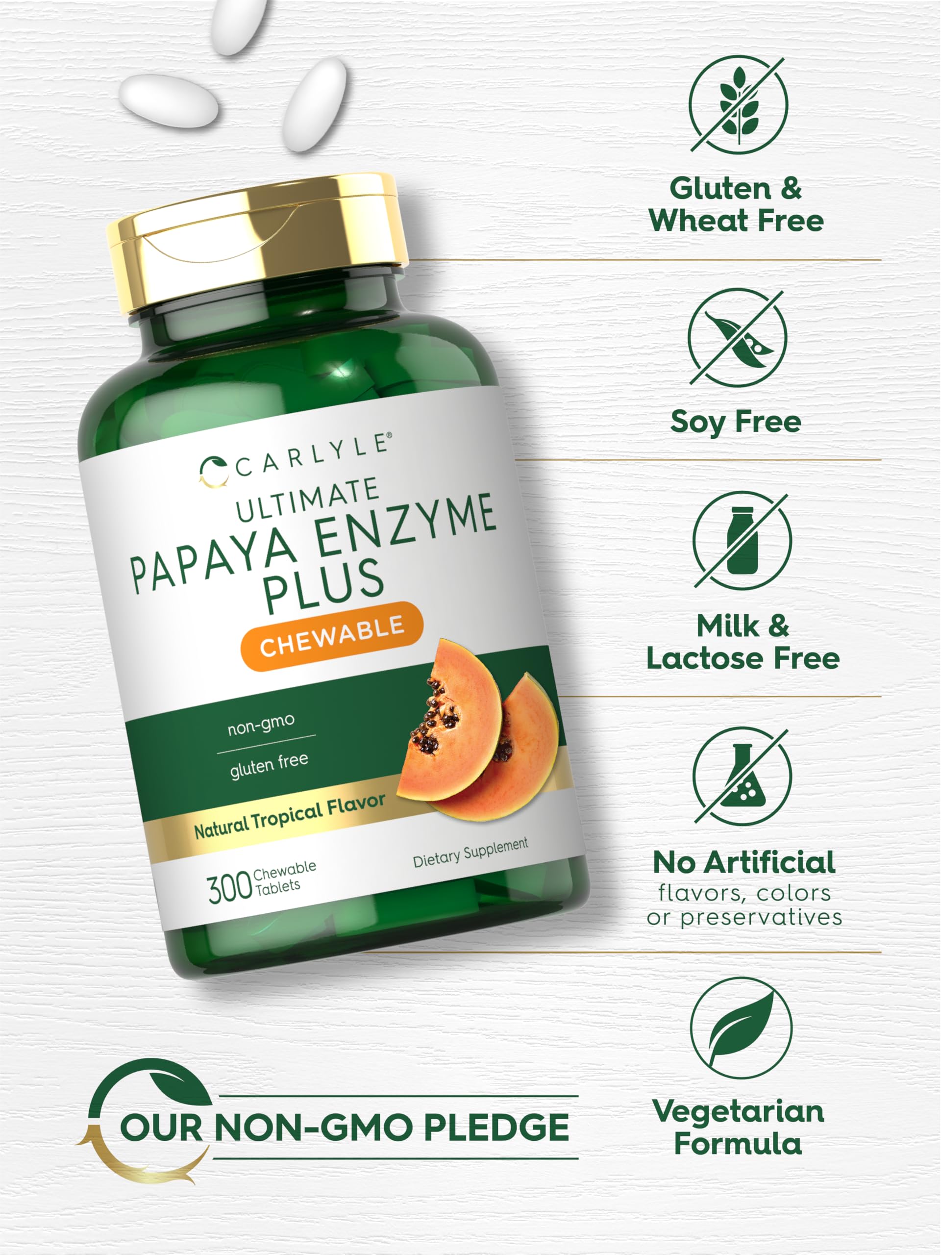 Carlyle Papaya Enzyme Chewable Tablets | Vegetarian, Non-GMO, Gluten Free Formula | Tropical Flavor